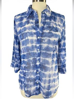 Chico's Blue and White Tie-Dye Button Blouse 3/4 sleeve size 1